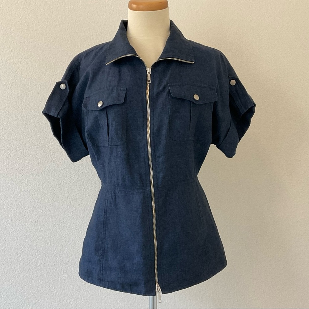 Lafayette 148 New York 100% Linen Cargo Utility Jacket Navy Blue 4